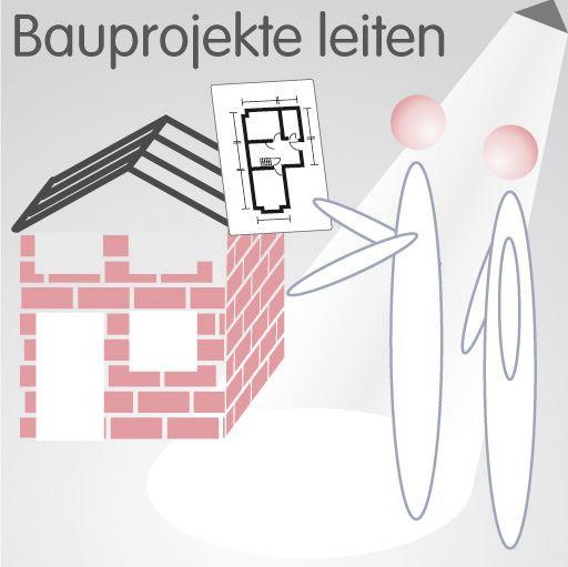 Bauprojekte leiten im Bereich Facility Management Grafische Darstellung von zwei Mitarbeitern beim Anschauen eines Bestandsplans und eines unfertigen Haus
