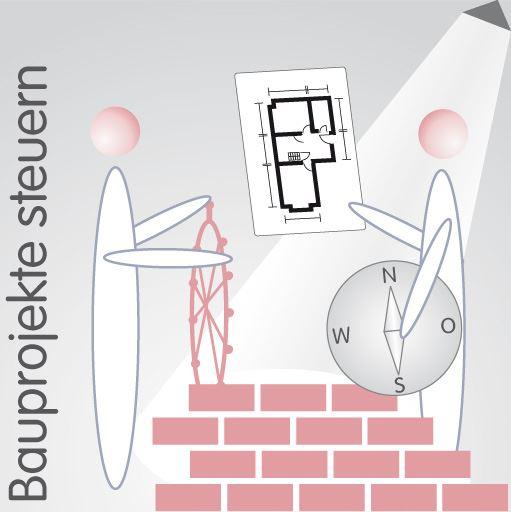 Bauprojekte steuern im Bereich Facility Management Zwei Mitarbeiter grafisch repraesentiert, der eine haelt einen Kompass & einen Bestandsplan, der andere steht an einem Steuerrad