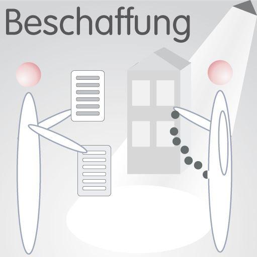 Beschaffung im Bereich FM Abbildung, in der ein Bueroarbeiter zeigt einem Arbeitskollegen zwei Berichtsseiten vor dem Firmensitz vor