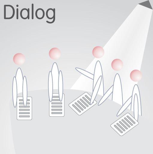 Dialog – FM.Connect.com Grafische Darstellung von Bueroarbeitern am Rundtisch beim Unterhalten von Buerothemen mit der Hilfe von Berichten