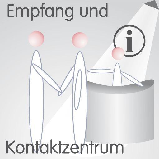 Empfang & Kontaktzentrum – Facility Management Grafische Darstellung von Besuchern im Empfangsbereich und von Rezeptionist am Informationsschalter