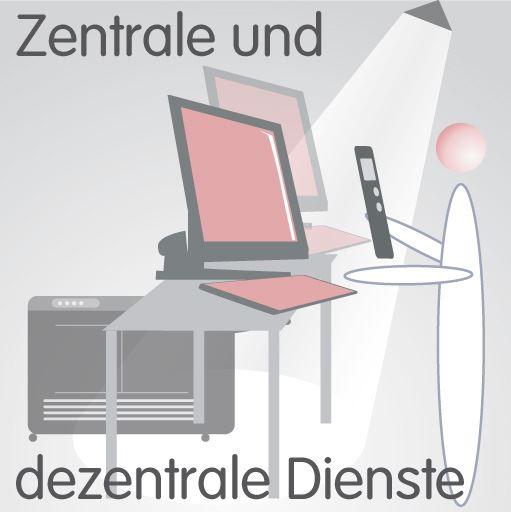 Zentrale und dezentrale Dienste - Facility Management Grafische Darstellung eines IT-Technikers bei der Verwaltung und Kontrolle von IT-Geraeten am Arbeitsplatz