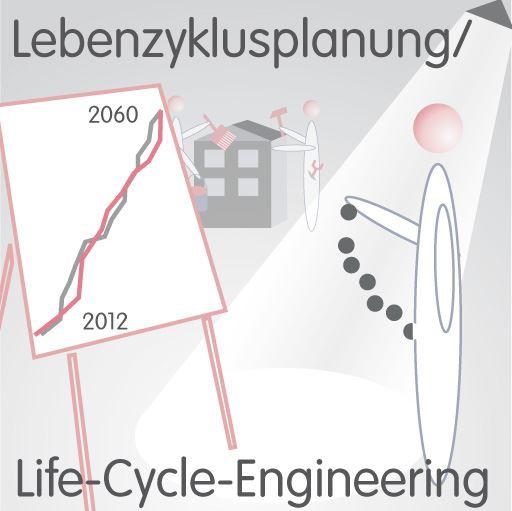 Lebenszyklusplanung / Life-Cycle-Engineering bei FM-Connect.com Grafische Darstellung eines Mitarbeiters beim Anschauen eines Prädiktionsmodells und zwei Bauarbeiter im Hintergrund taetig