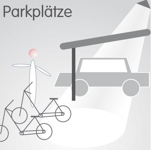 Parkplätze – Facility Management Abgestelltes Auto auf einem Parkplatz mit Dach & Person mit offenen Armen vor zwei Fahrraedern grafisch dargestellt