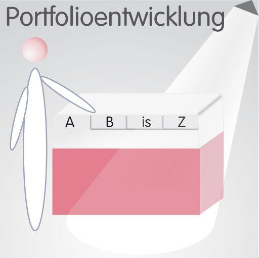 Portfolioentwicklung – Facility Management Grafisch dargestellter Mitarbeiter zeigt auf eine Dokumentenablage mit Bezeichnungen von A bis Z
