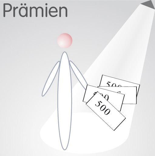 Prämien – FM.Connect.com Abbildung, auf der ein FM-Mitarbeiter stehend in seiner Hand vier Zettel mit Preisangaben haelt
