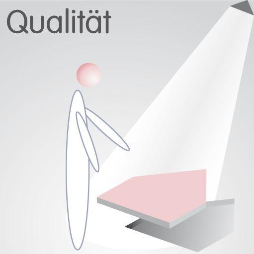Qualität im Bereich Facility Management Figur einer Mitarbeiterin, die ein Stueckchen eines Fussbodens fuer Qualitaetsanalyse herausnimmt