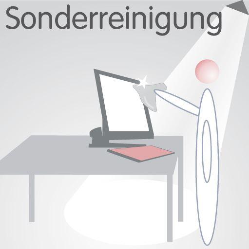Sonderreinigung im Bereich Facility Management Bildliche Darstellung eines Raumpflegers beim Wischen eines Bildschirmes mit einem Lappen am Bueroarbeitsplatz