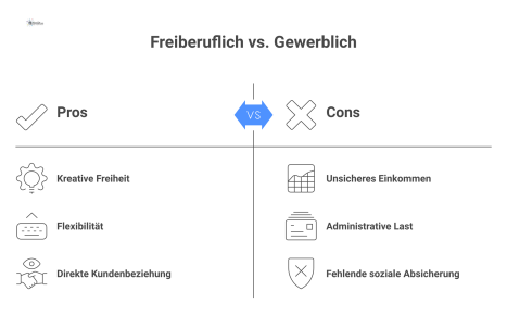  Vergleichsdiagramm, das freiberufliche Tätigkeiten (kreativ, schöpferisch) von gewerblichen Tätigkeiten (organisatorisch, routinemäßig) anhand ihrer Merkmale und Beispiele abgrenzt.