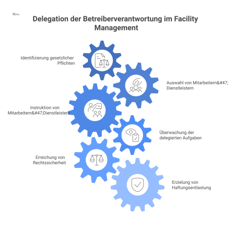  Infografik als Strukturschema zur Betreiberverantwortung, die die Delegation von Pflichten auf Basis der drei Säulen Auswahl, Instruktion und Überwachung zeigt.