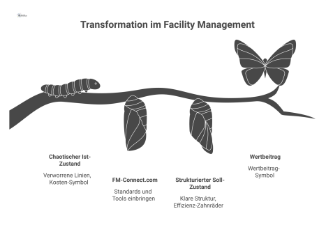 Diagramm das die Transformation im Facility Management von einem chaotischen Ist-Zustand zu einem strukturierten Soll-Zustand durch den Partner FM-Connect.com zeigt.