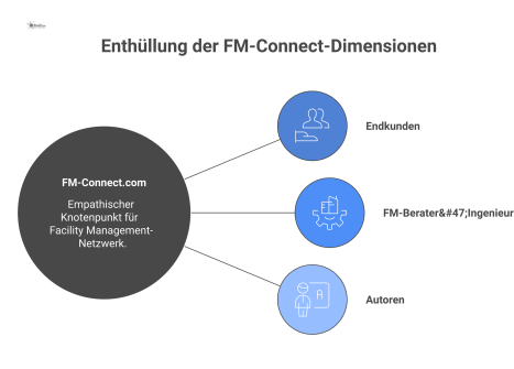 Netzwerkdiagramm für Facility Management mit FM-Connect.com im Zentrum, verbunden mit Endkunden, Beratern und Autoren für gemeinsamen Wissensaustausch. 