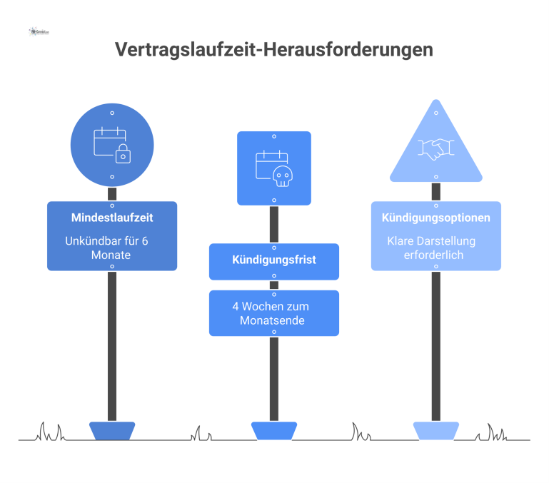 Eine Zeitleiste, die eine 6-monatige Mindestvertragslaufzeit darstellt, gefolgt von einer monatlichen Kündigungsoption mit vierwöchiger Frist zum Monatsende.