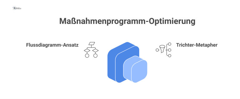 Trichter-Diagramm für ein Maßnahmenprogramm Ein Trichter-Diagramm, das zeigt, wie fünf beschriftete Inputs wie Audits und Krisenanforderungen oben einfließen und unten ein konsolidiertes Maßnahmenprogramm ergeben.