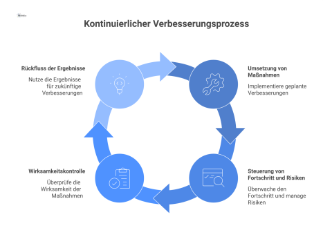 Ein Kreislaufdiagramm des kontinuierlichen Verbesserungsprozesses mit vier Phasen: Umsetzung von Maßnahmen, Steuerung des Fortschritts, Wirksamkeitskontrolle und Ergebnisrückfluss.