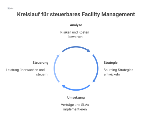 Kreislaufdiagramm für steuerbares Facility Management mit den vier Phasen Analyse, Strategie, Umsetzung und Steuerung zur transparenten Systemoptimierung.