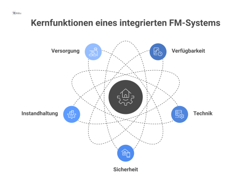  Infografik eines integrierten FM-Systems, das die fünf vernetzten Kernfunktionen Verfügbarkeit, Technik, Sicherheit, Instandhaltung und Versorgung und deren Zusammenspiel darstellt.