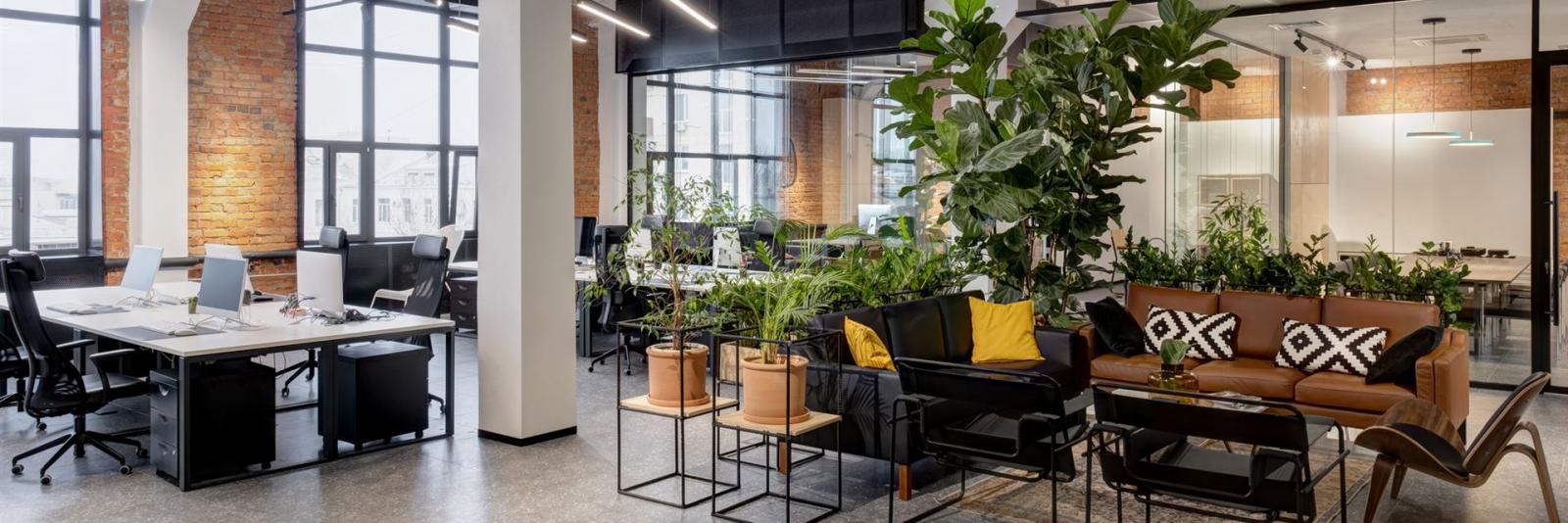 Management von Arbeitsflächen bei FM-Connect Grossraumbuero mit flexibler Gestaltung mit Blick ueber eine Stadt