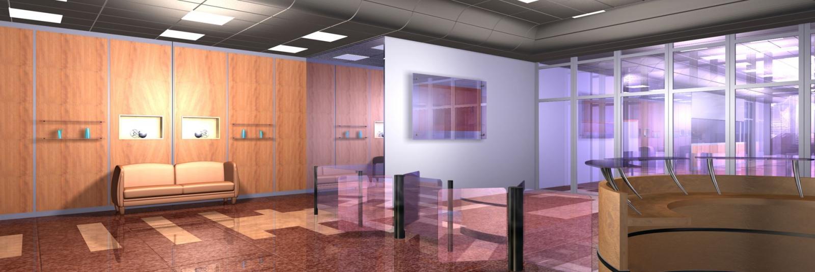 Empfangsmöglichkeiten im Bereich Facility Management Angenehme Lounge- und Empfangsbereich eines Buerogebaeudes mit glitzernden Bodenfliesen