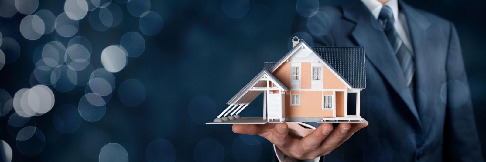 Facility Management – Fläche & Infrastruktur auf taktischer Ebene Expert haelt in seiner Hand ein Hausmodell aus Holz