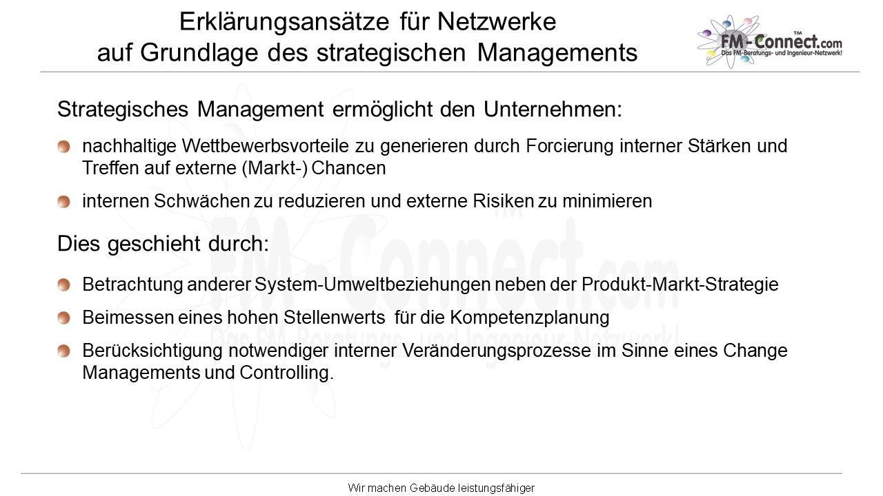 Liste mit Vorteilen und Begründungen bei der Implementierung vom strategischen Management in Unternehmensnetzwerken