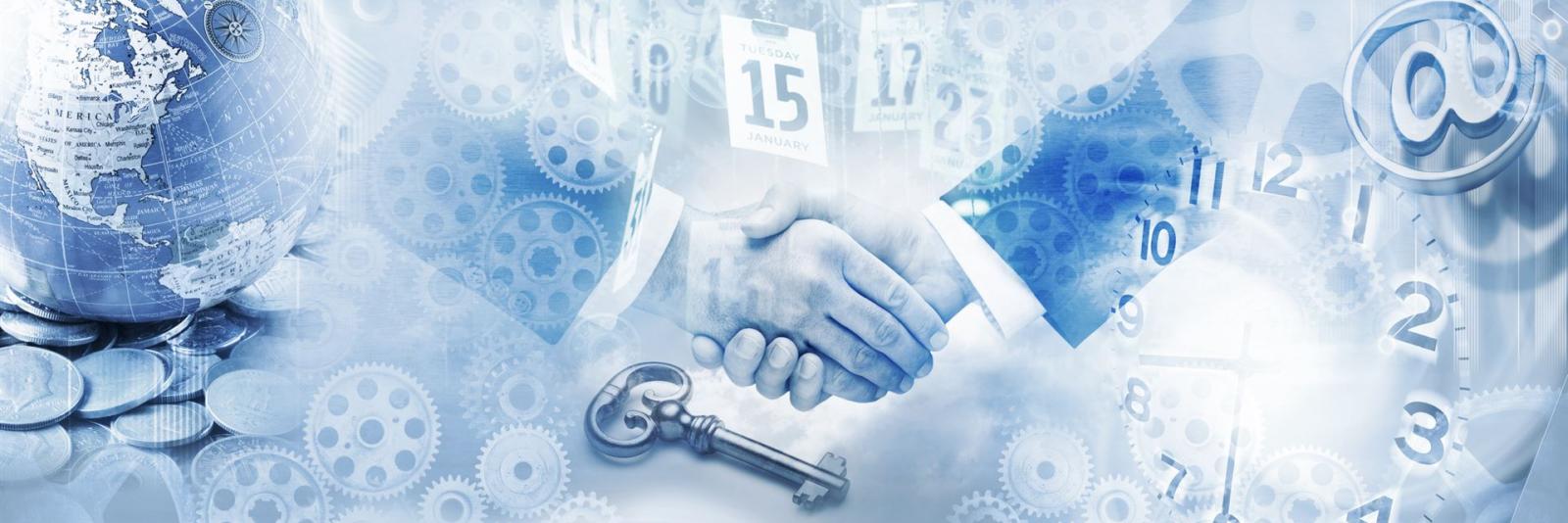 Beschaffung – Facility Management Zwei Experten reichen sich die Hand. Unscharfe Fotomontage im Bereich Geschaeft & Marketing im Hintergrund