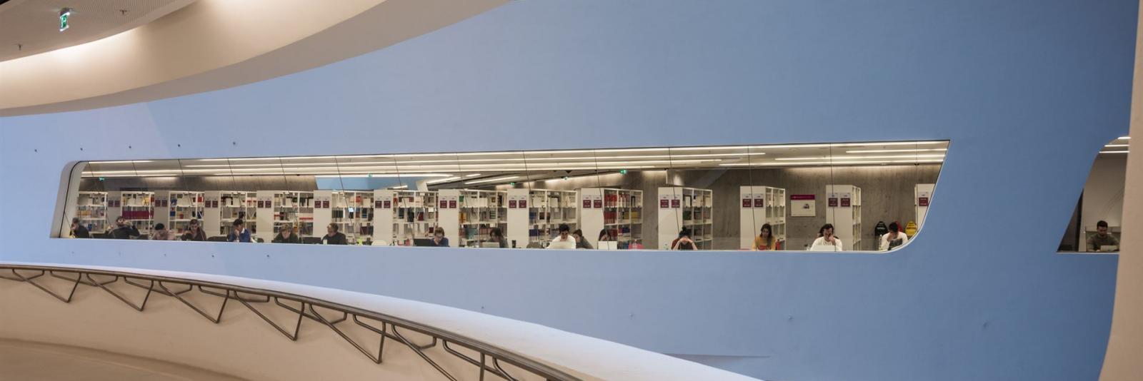 Weiterbildung im Bereich ICT – Facility Management Mitarbeiter nehmen an einer IT-Schulung teil und ueben im Lernbereich einer modern ausgestalteten Bibliothek