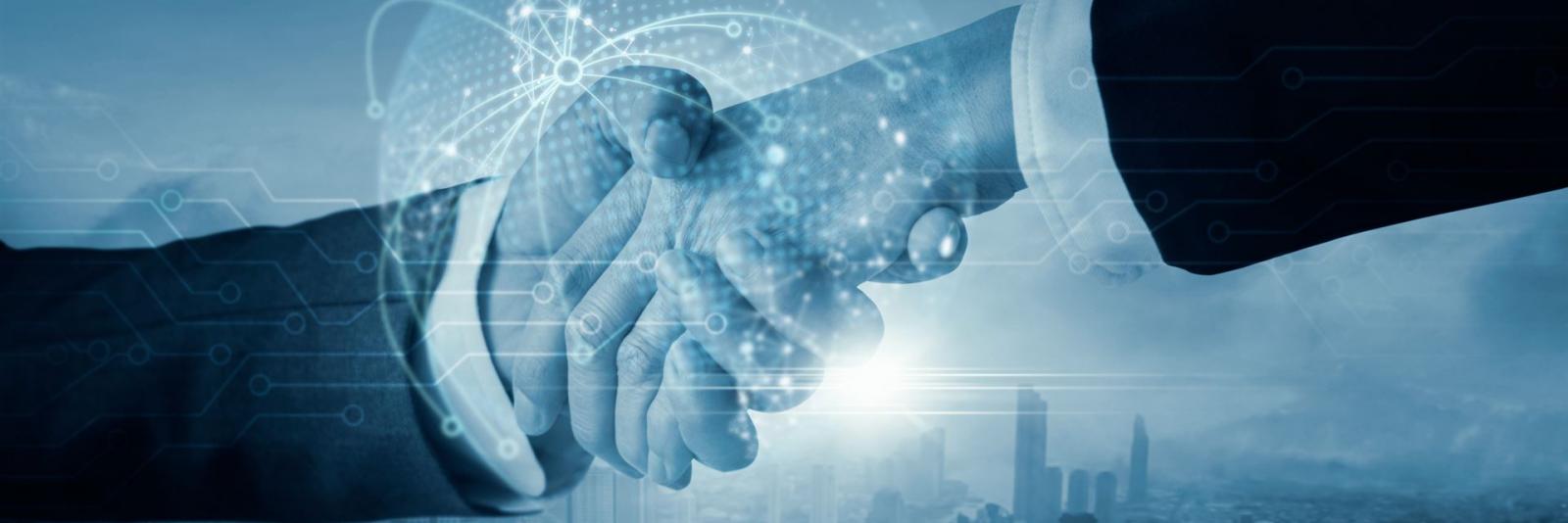 Fachdokumenten leicht aufrufbar für unsere Partner & Kunden Geschaeftsmaenner schuetteln Haende; Stadtblick & grafische Netzdarstellung im Hintergrund