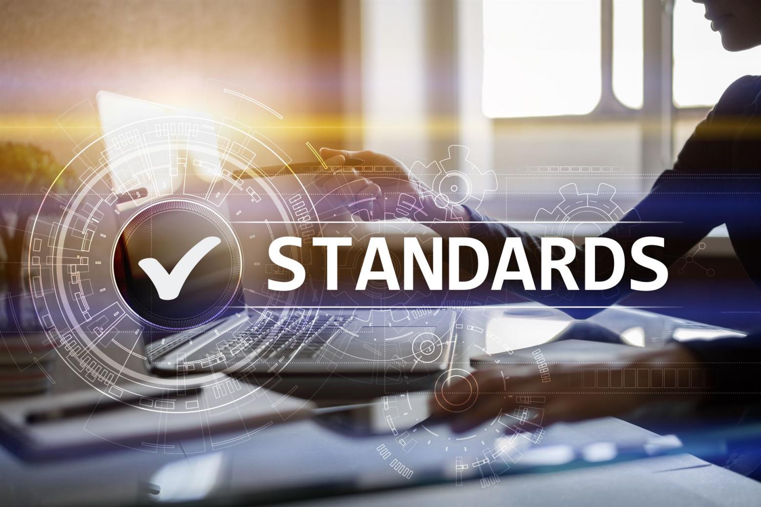 Standards - Normen & Richtlinien im FM Expertin am Arbeitsplatz zeigt mit einem Kugelschreiber auf den Bildschirm eines Laptops. Getriebe und Wort: "Standards" im Vordergrund