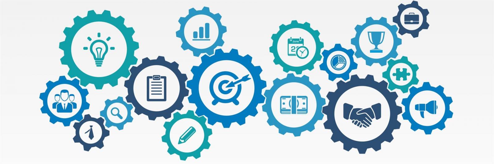Vermarktung im Facility Management Getriebemechanismus bestehend aus Symbolen und Zeichen im Bereich Marketing